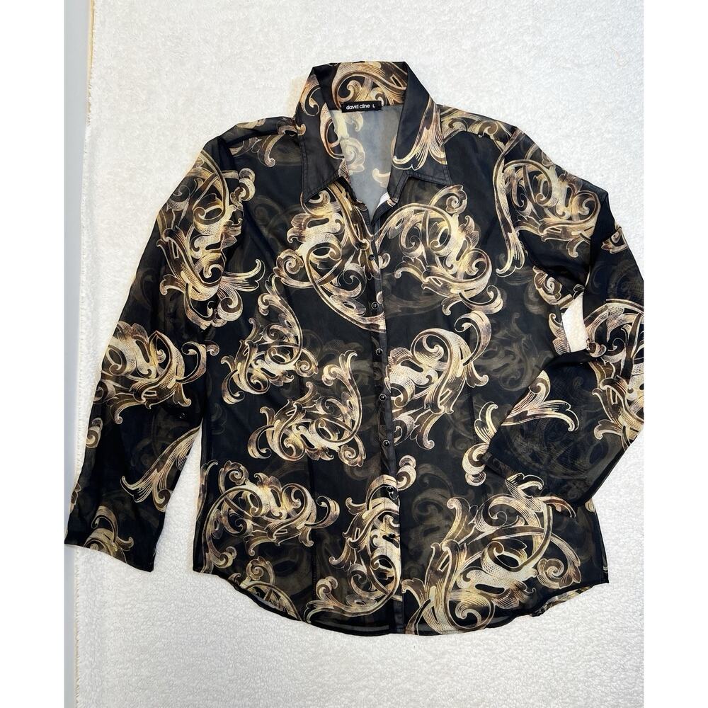 David Cline Sheer Scroll Print Button Front Blouse Women’s Black Gold, Sz L